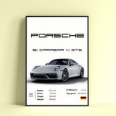 Porsche Carrera 4 GTS poster by Dripster featuring a sleek white 2023 model with engine and performance specs